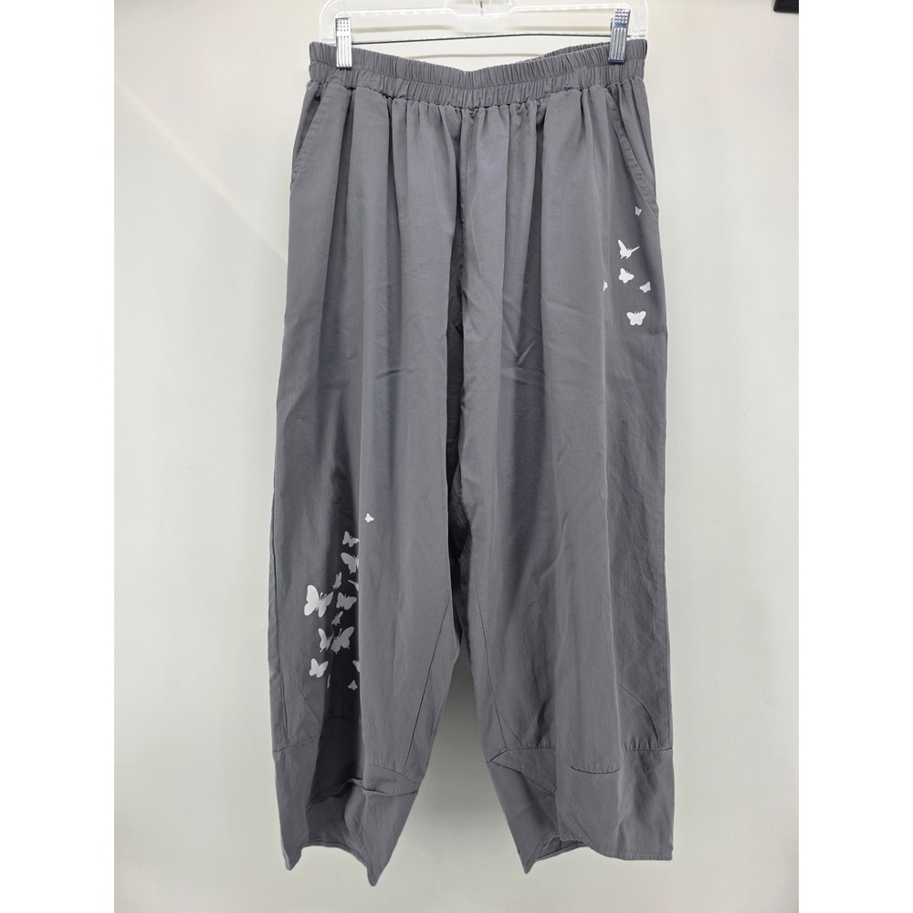 Womens Pants 2X Barrel Leg Cropped Gray Cotton Butterfly Graphic Elastic Waist‎